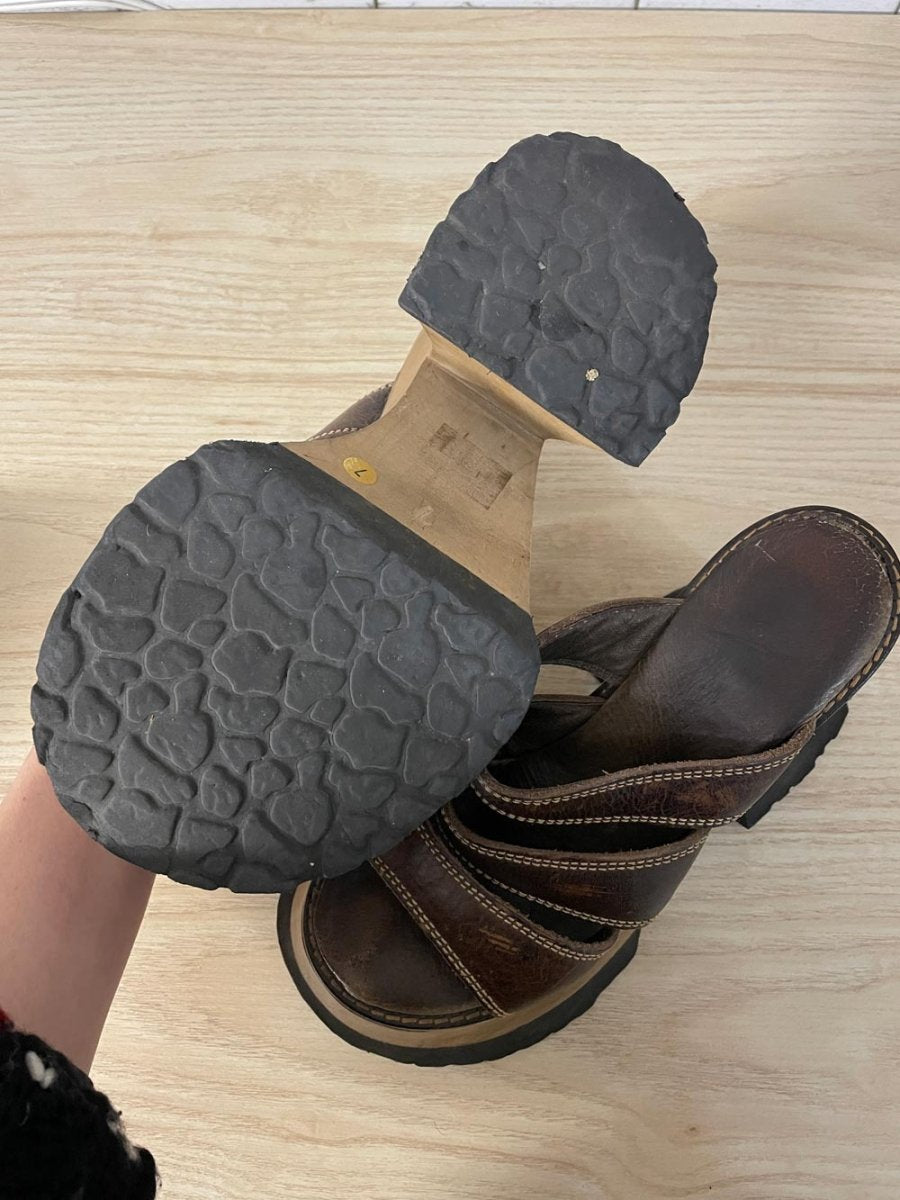 vintage 90s platform chonky grunge leather flare heel sandals - good market thrift store