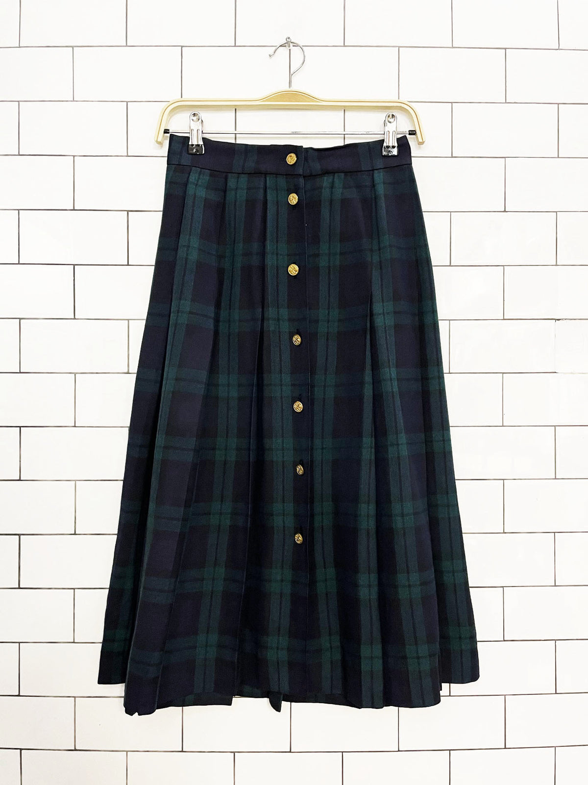 vintage david brooks wool-blend gold button plaid pleated midi skirt