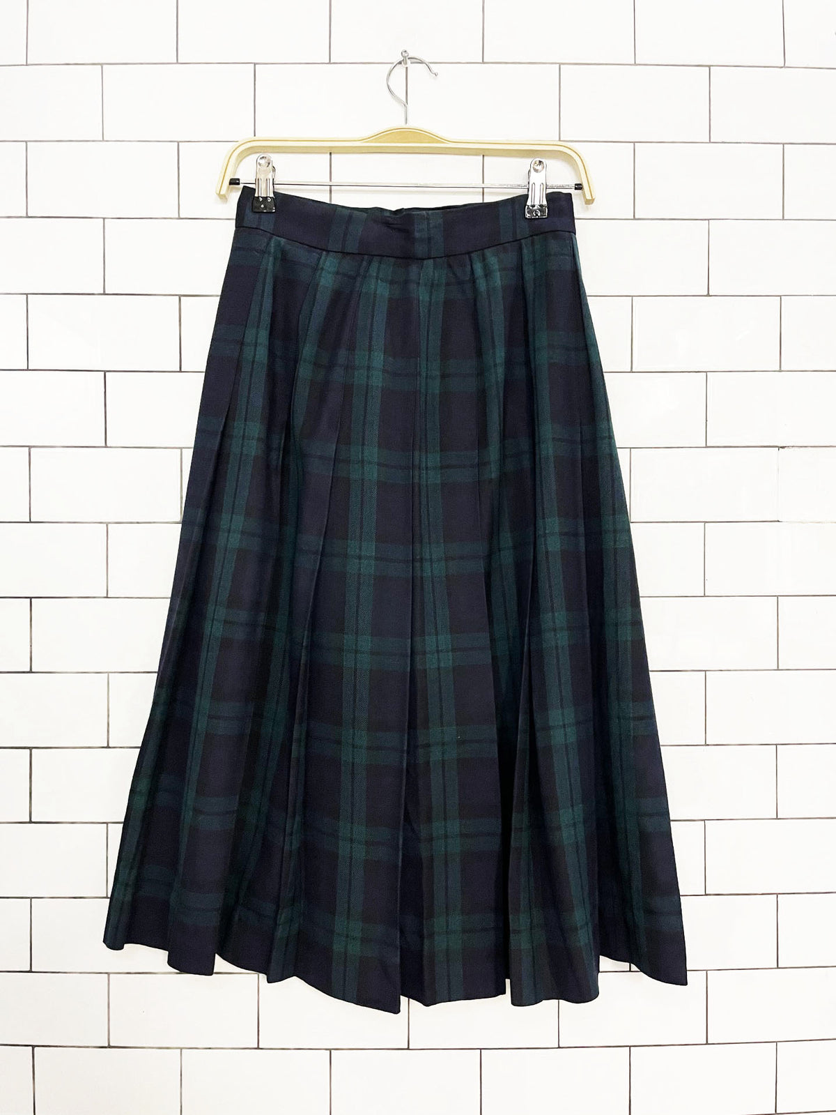 vintage david brooks wool-blend gold button plaid pleated midi skirt