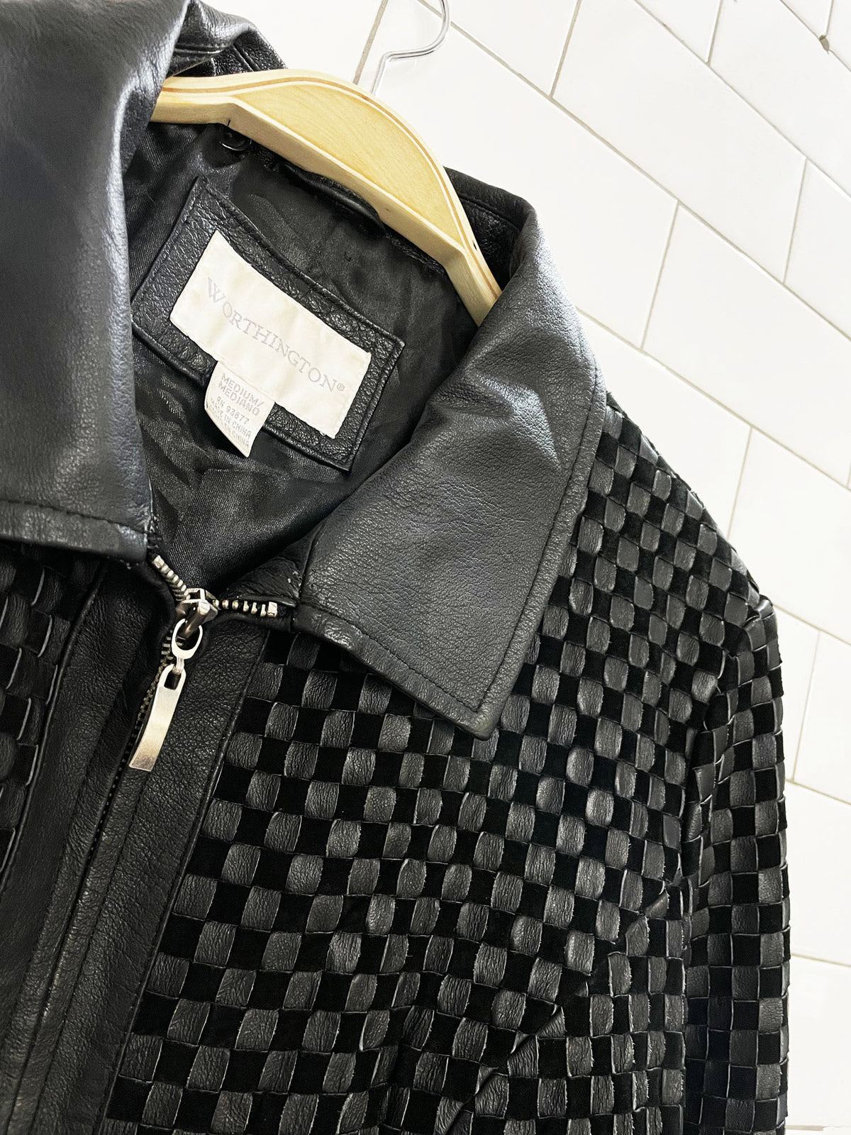 vintage 00s worthington woven leather full zip jacket