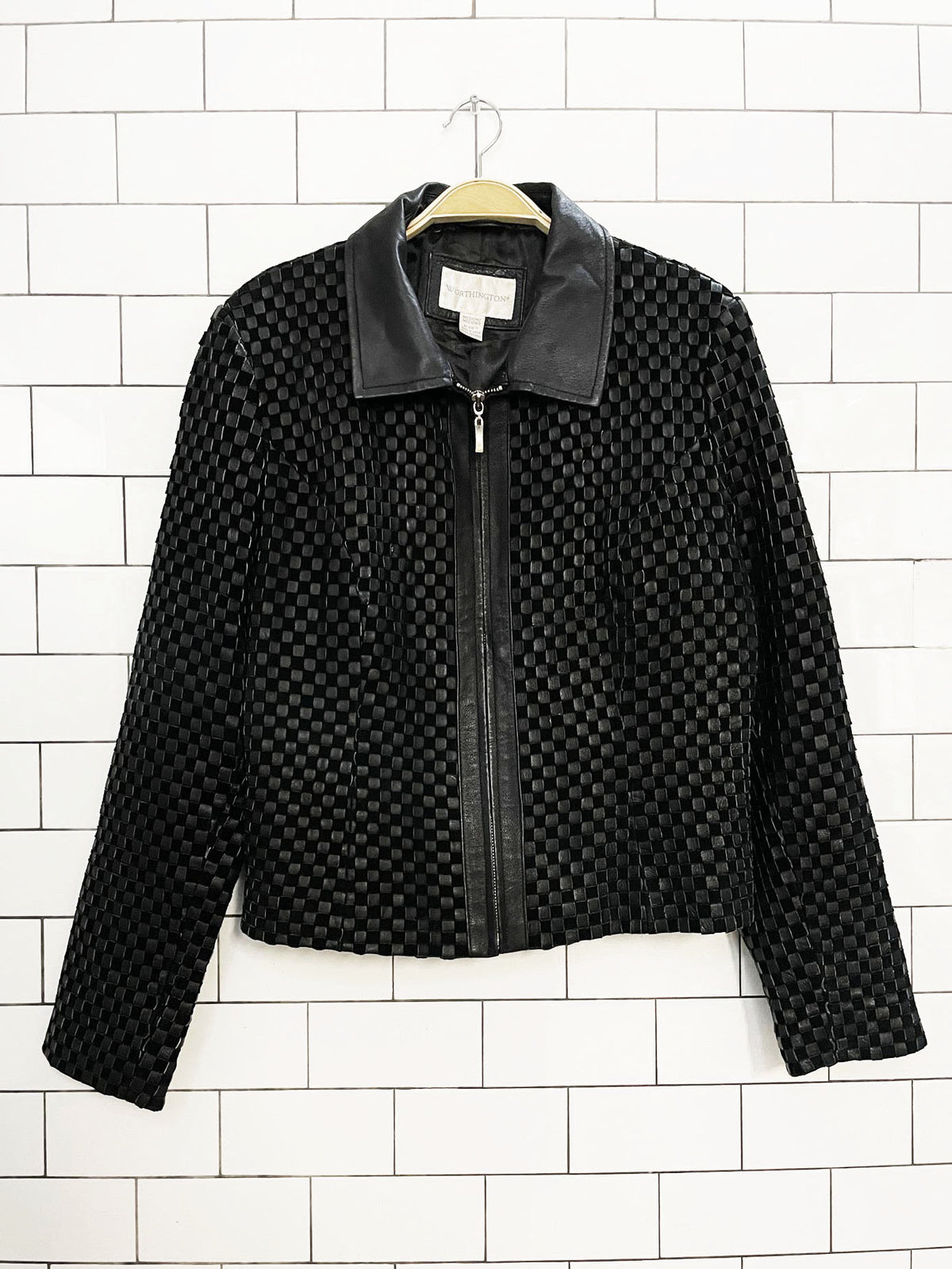 vintage 00s worthington woven leather full zip jacket