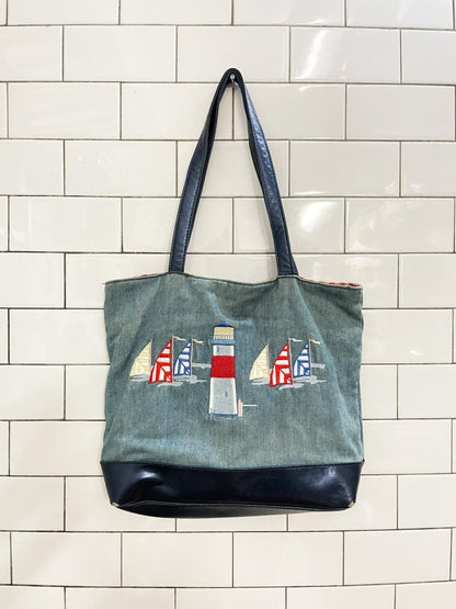vintage 00s embroidered lighthouse denim tote - good market thrift store