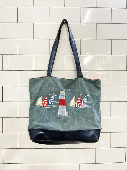 vintage 00s embroidered lighthouse denim tote - good market thrift store