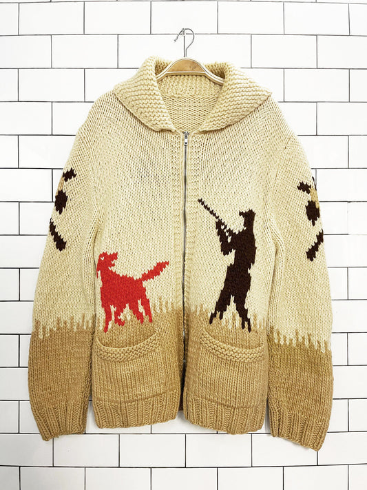 vintage 60s mary maxim 100% wool cowichan hand knit hunting full zip cardigan jacket