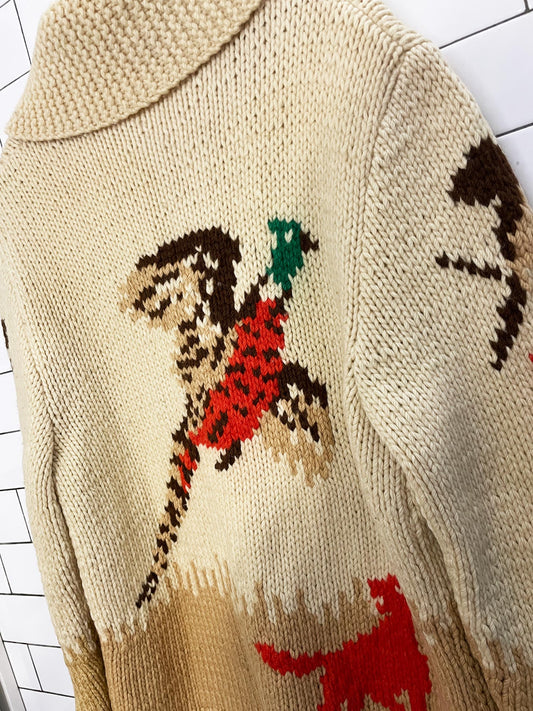 vintage 60s mary maxim 100% wool cowichan hand knit hunting full zip cardigan jacket