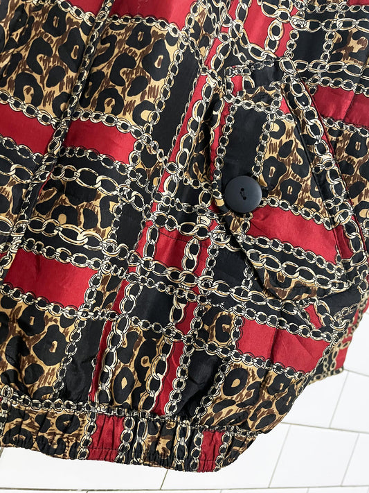 vintage 90s anna & frank 100% silk animal print chain plaid bomber jacket