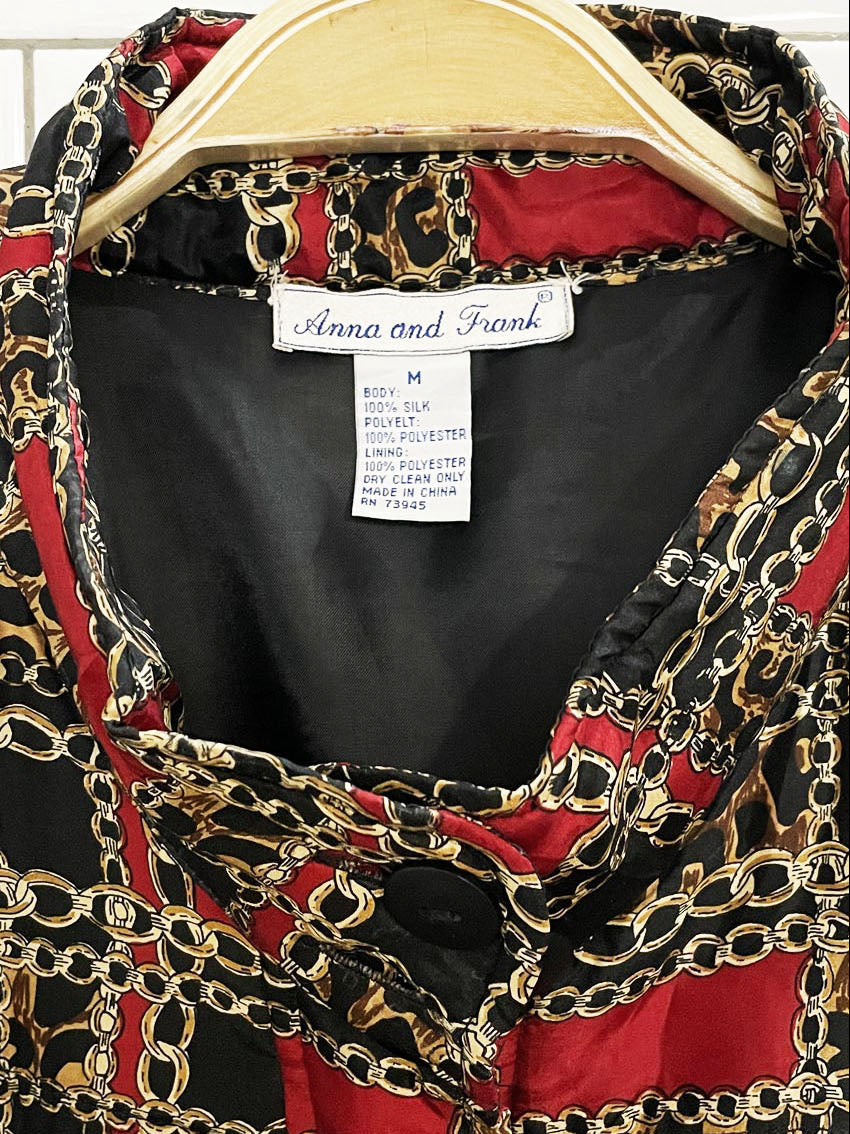 vintage 90s anna & frank 100% silk animal print chain plaid bomber jacket