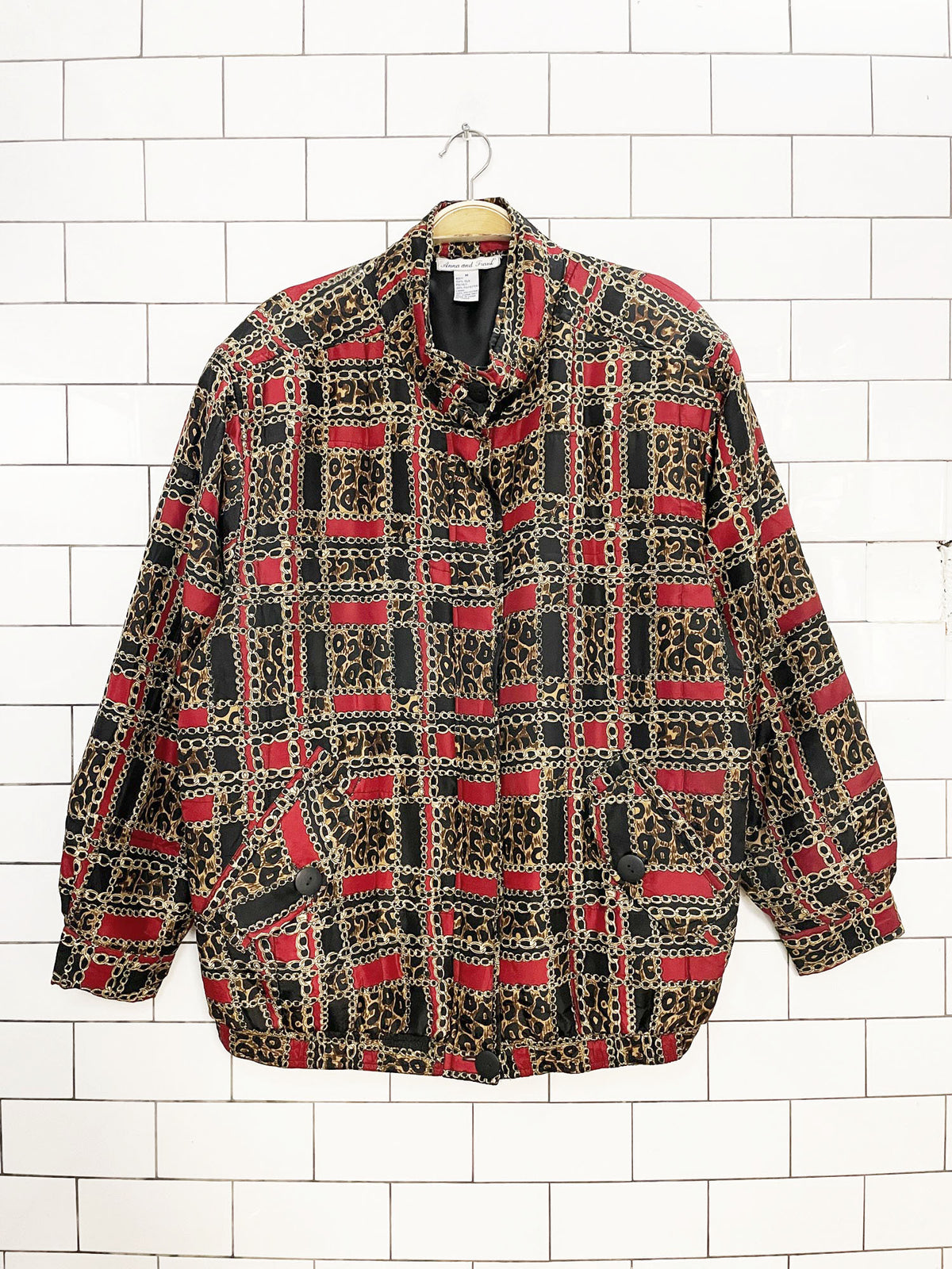 vintage 90s anna & frank 100% silk animal print chain plaid bomber jacket