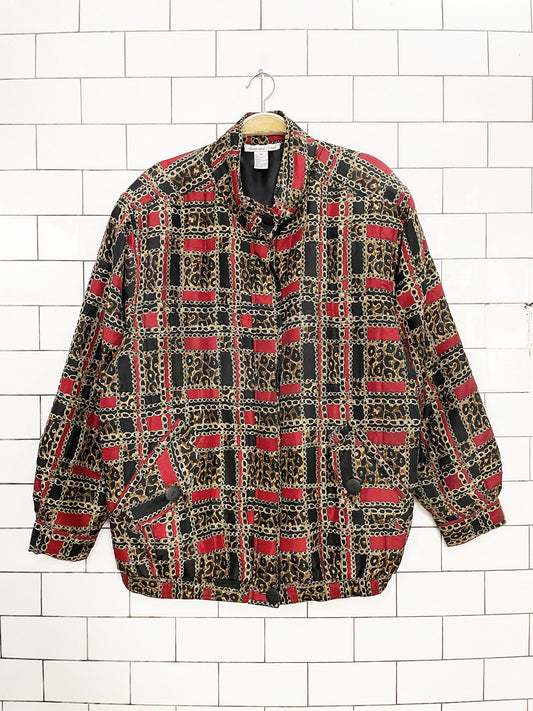 vintage 90s anna & frank 100% silk animal print chain plaid bomber jacket