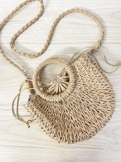 boho straw drawstring lined shoulder bag - good market thrift store