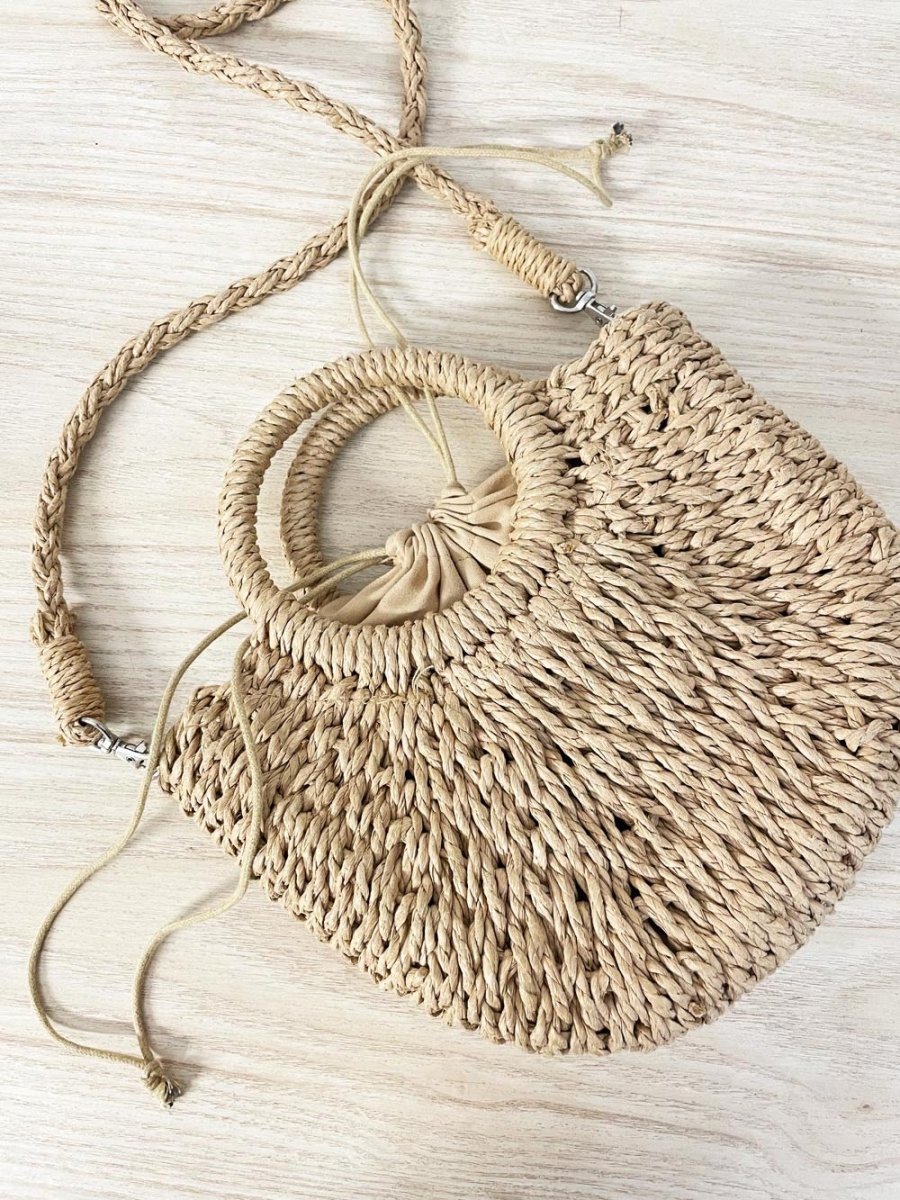 boho straw drawstring lined shoulder bag - good market thrift store