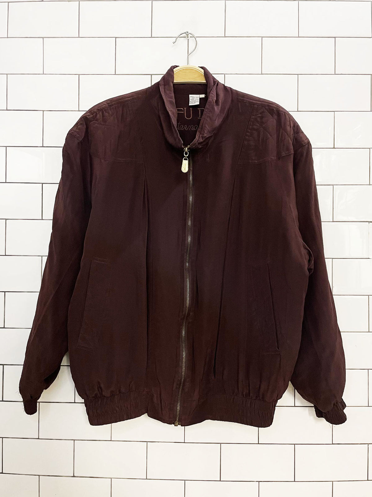 vintage fuda international 100% silk quilted bomber jacket
