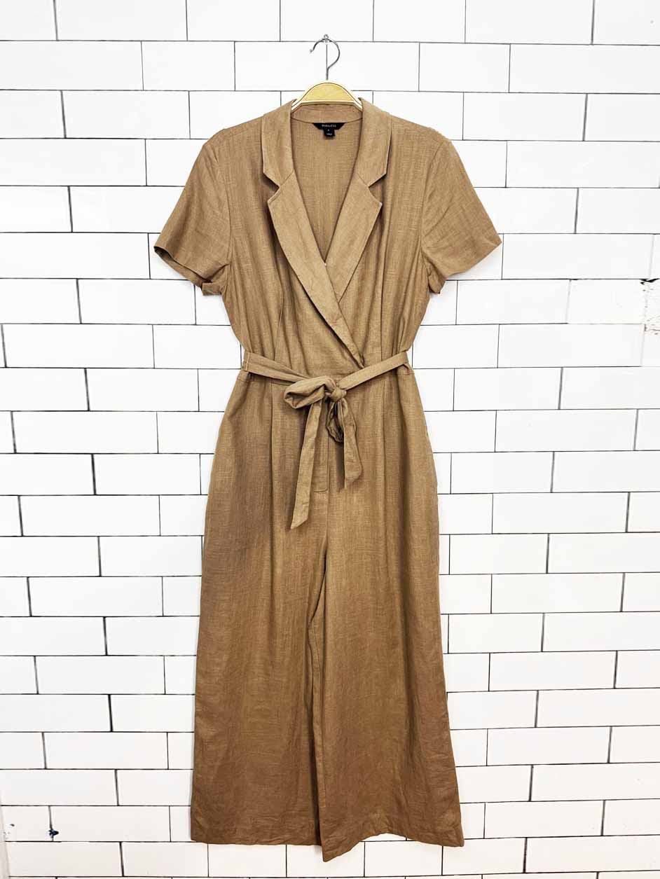 rw&co linen-blend wide leg collared jumpsuit