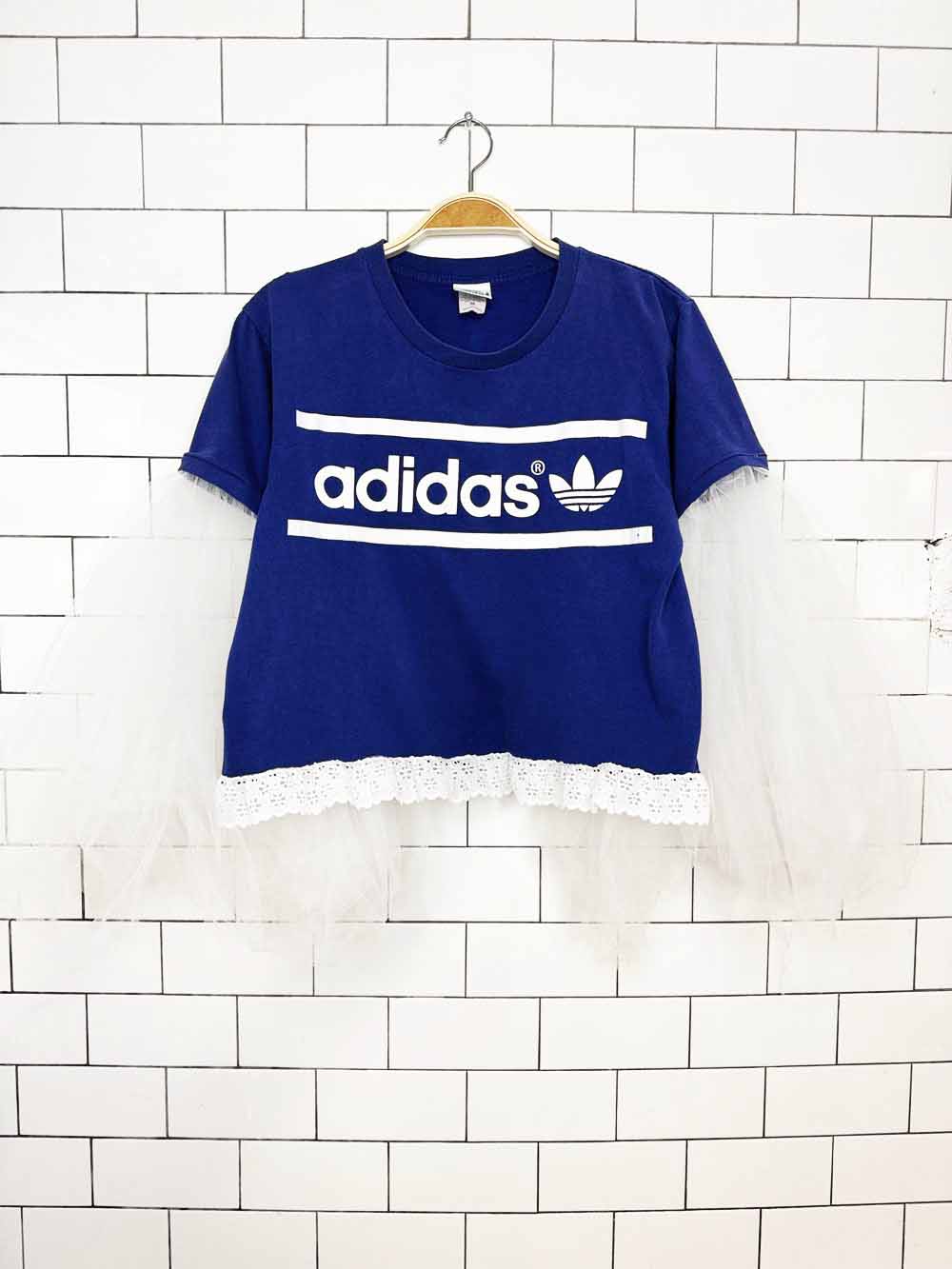 vintage 00s adidas trefoil cropped tee | tulle sleeves + lace hem | rework