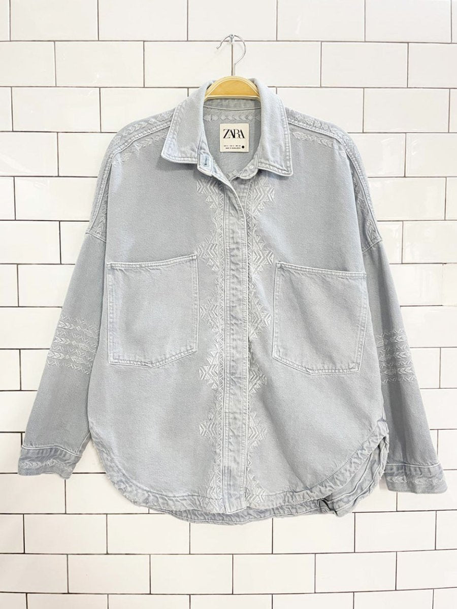 zara minimal boho embroidered denim shirt jacket - good market thrift store