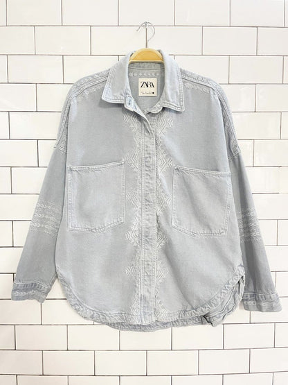 zara minimal boho embroidered denim shirt jacket - good market thrift store