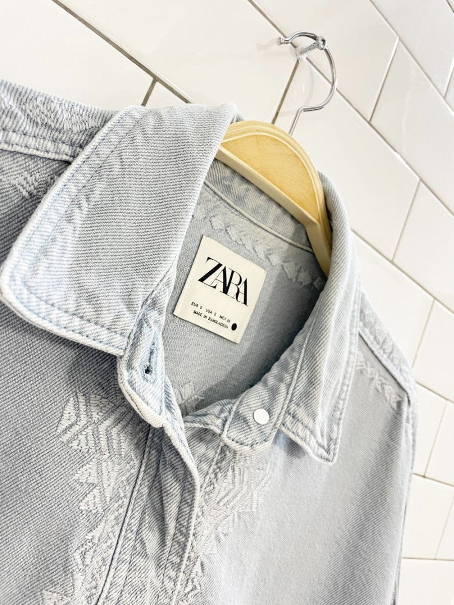 zara minimal boho embroidered denim shirt jacket - good market thrift store