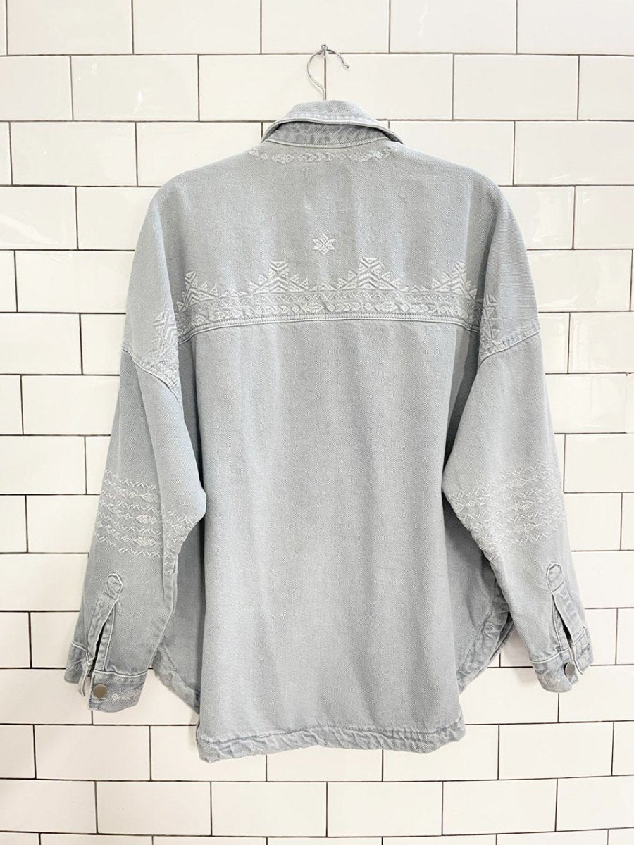 zara minimal boho embroidered denim shirt jacket - good market thrift store