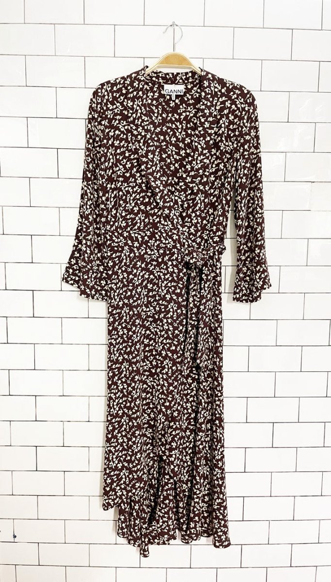 ganni micro floral printed crepe midi wrap dress - good market thrift store