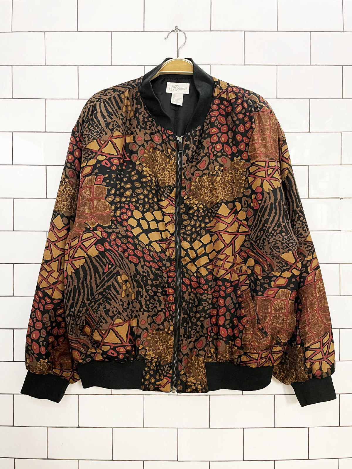 vintage k arnold 100% silk animal print mosaic bomber jacket