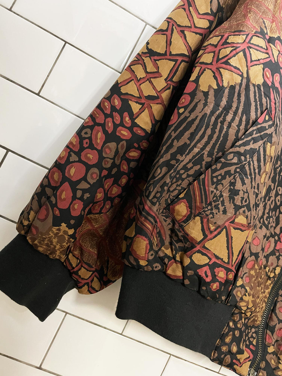 vintage k arnold 100% silk animal print mosaic bomber jacket