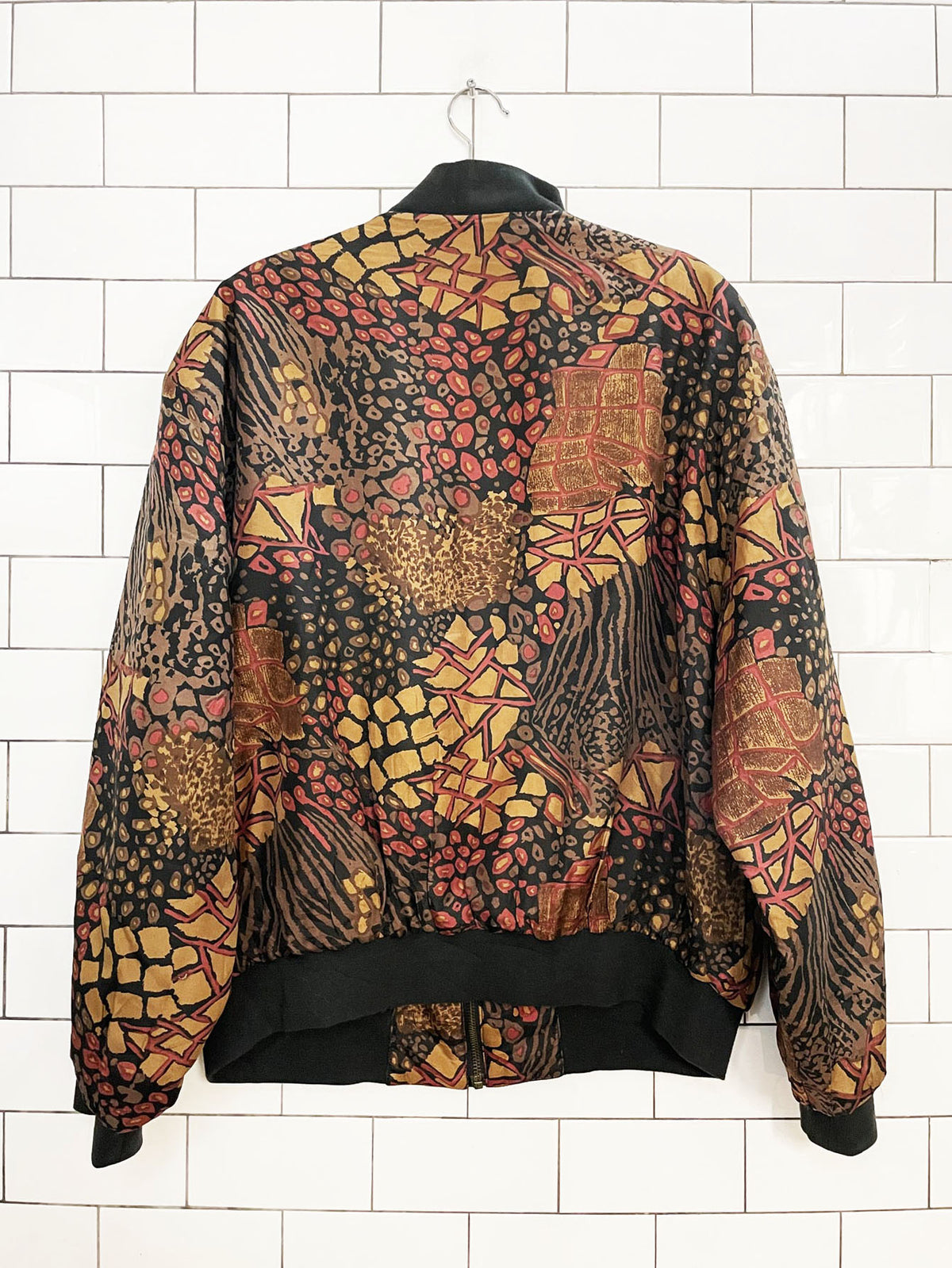 vintage k arnold 100% silk animal print mosaic bomber jacket