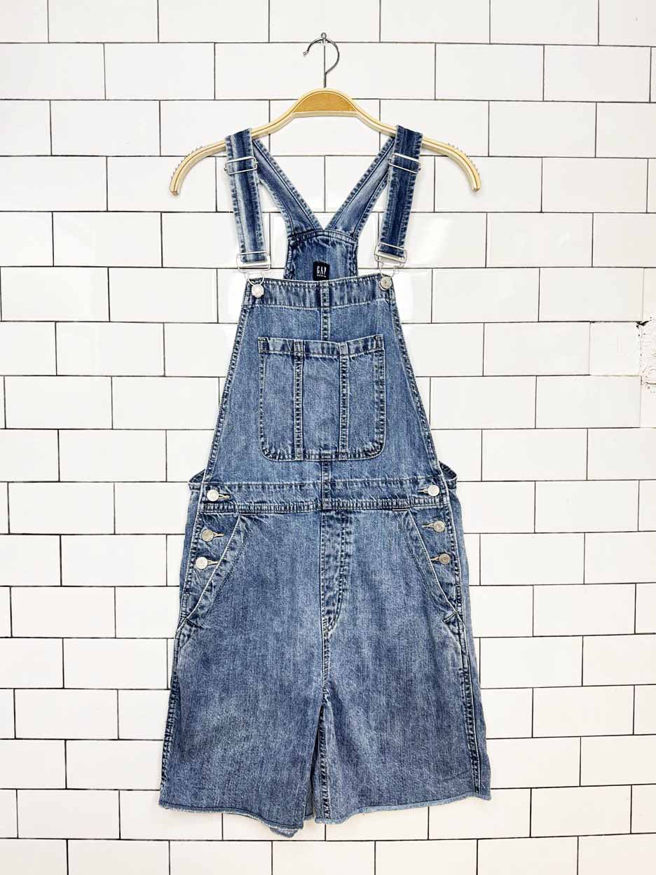 gap raw hem denim overall shorts