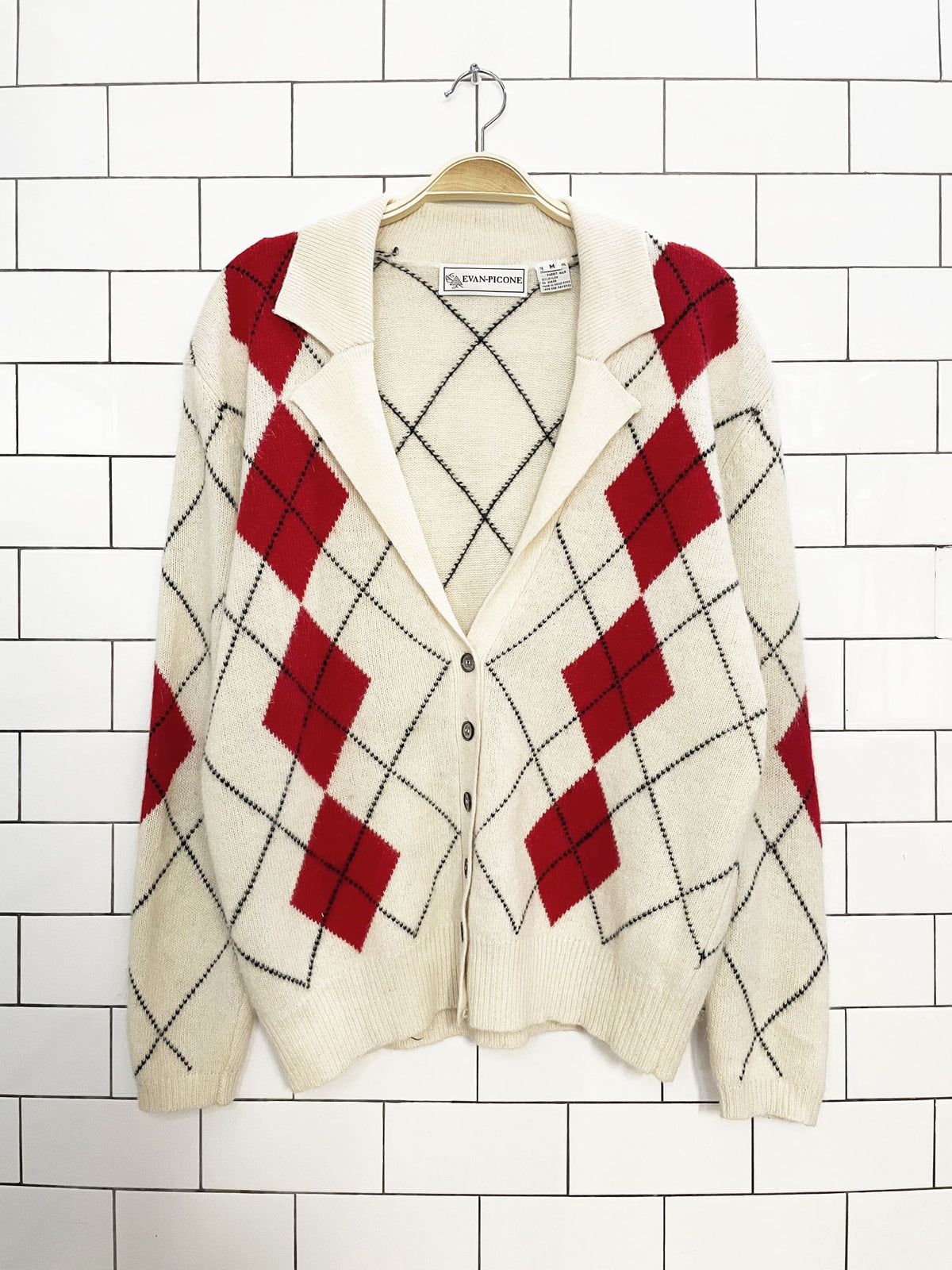 vintage evan-picone wool-angora argyle knit collared cardigan sweater