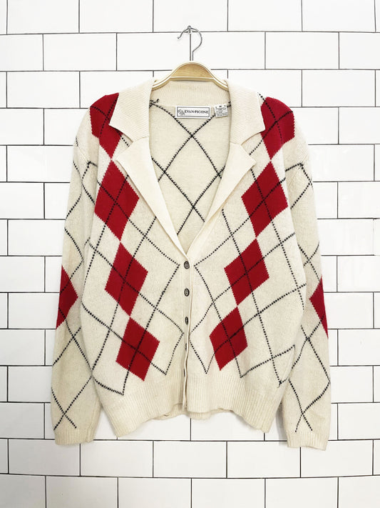 vintage evan-picone wool-angora argyle knit collared cardigan sweater
