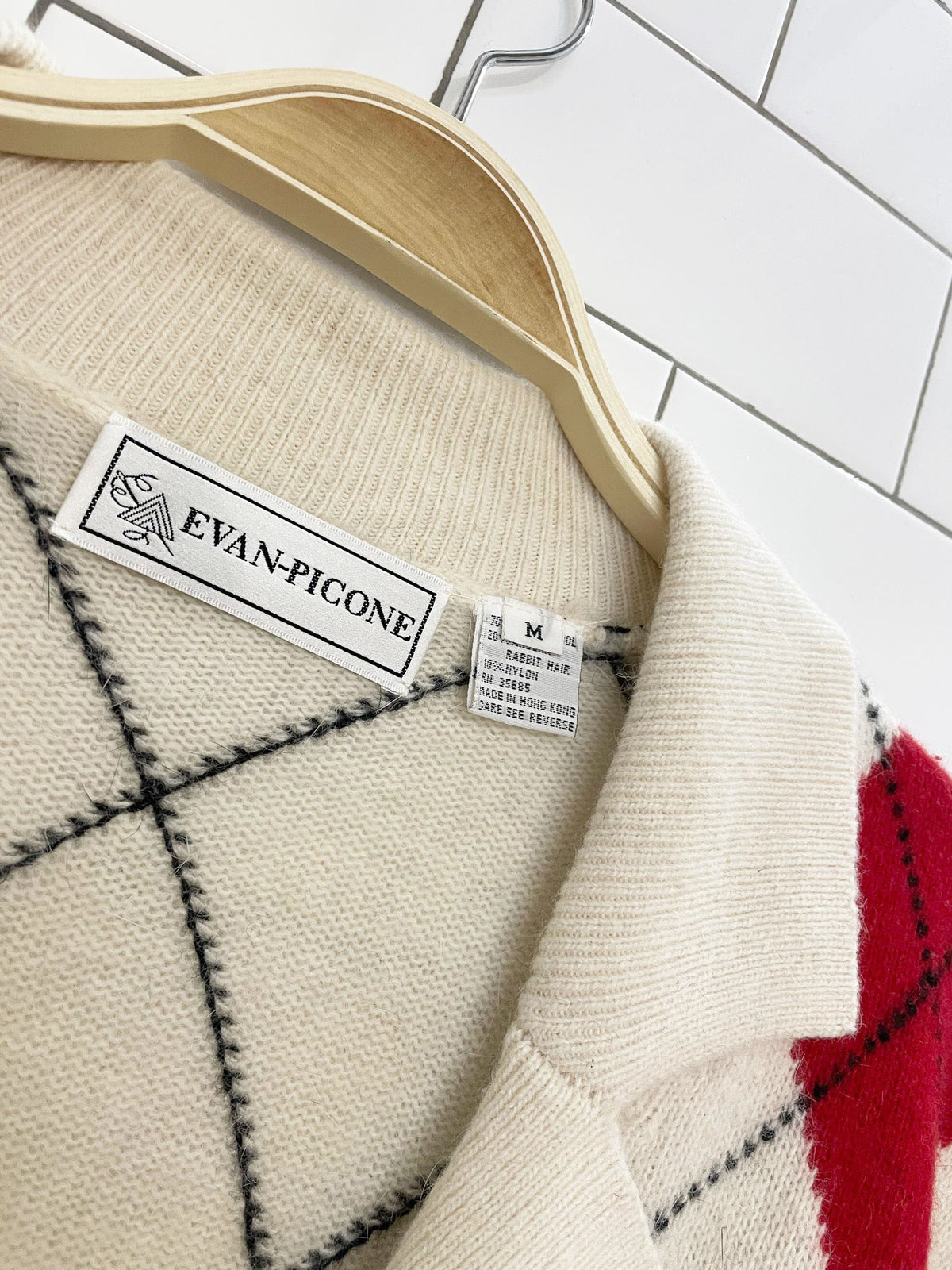 vintage evan-picone wool-angora argyle knit collared cardigan sweater