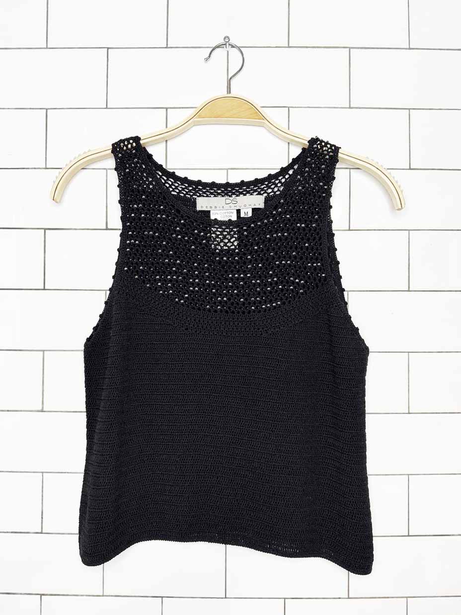 vintage 00s debbie shuchat crochet beaded knit tank top