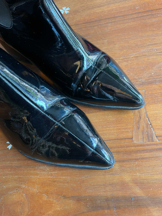 eloquii rockit patent leather heeled boot