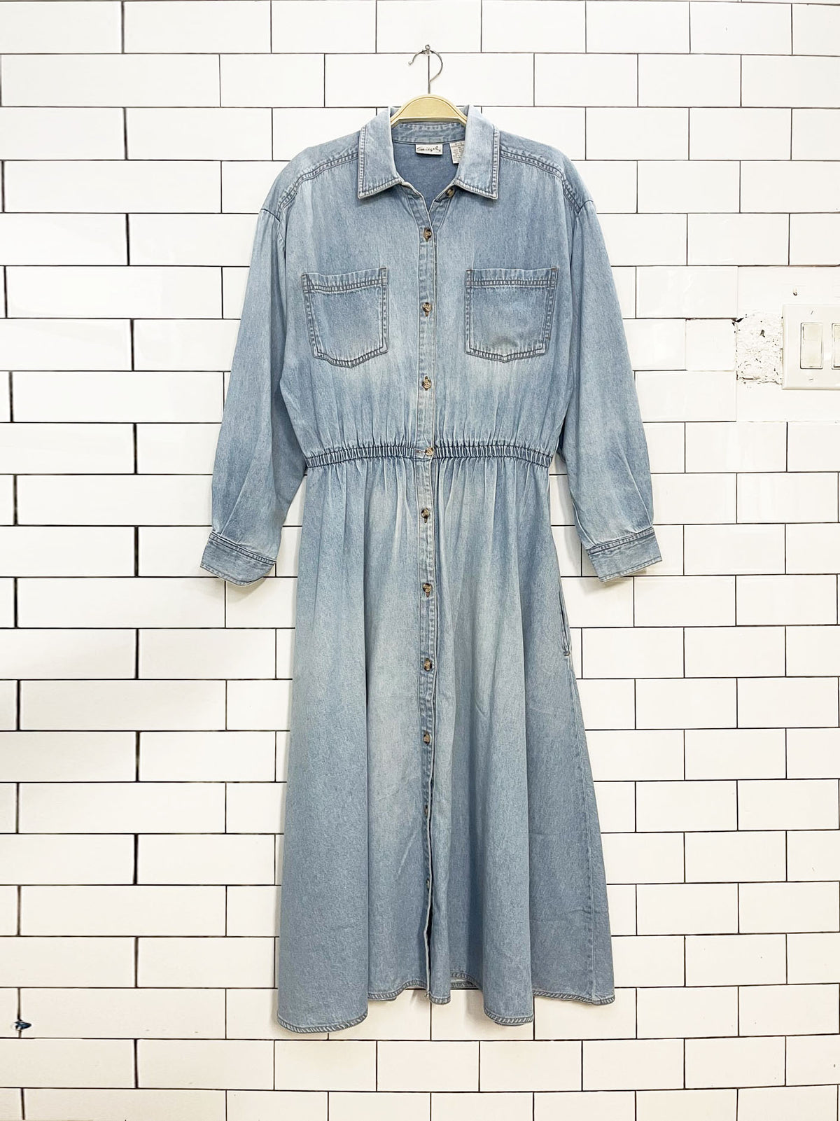 vintage spiegal soft denim full button cinch waist long sleeve maxi dress
