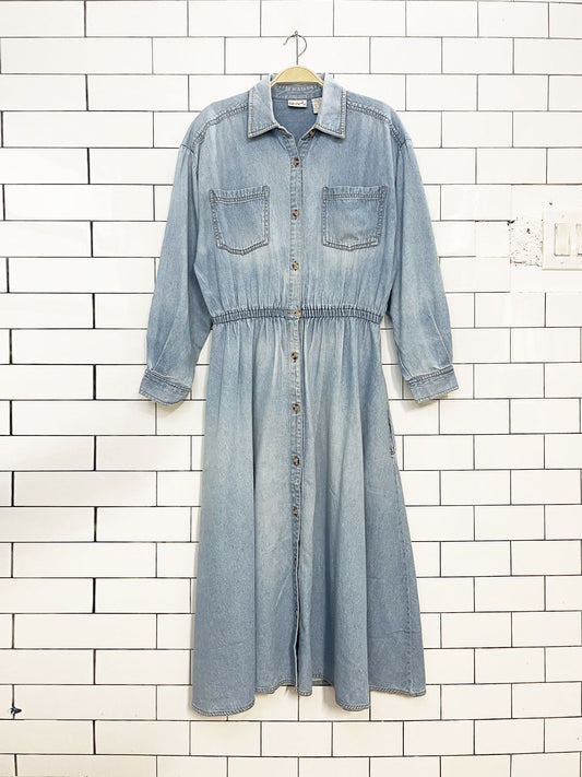 vintage spiegal soft denim full button cinch waist long sleeve maxi dress