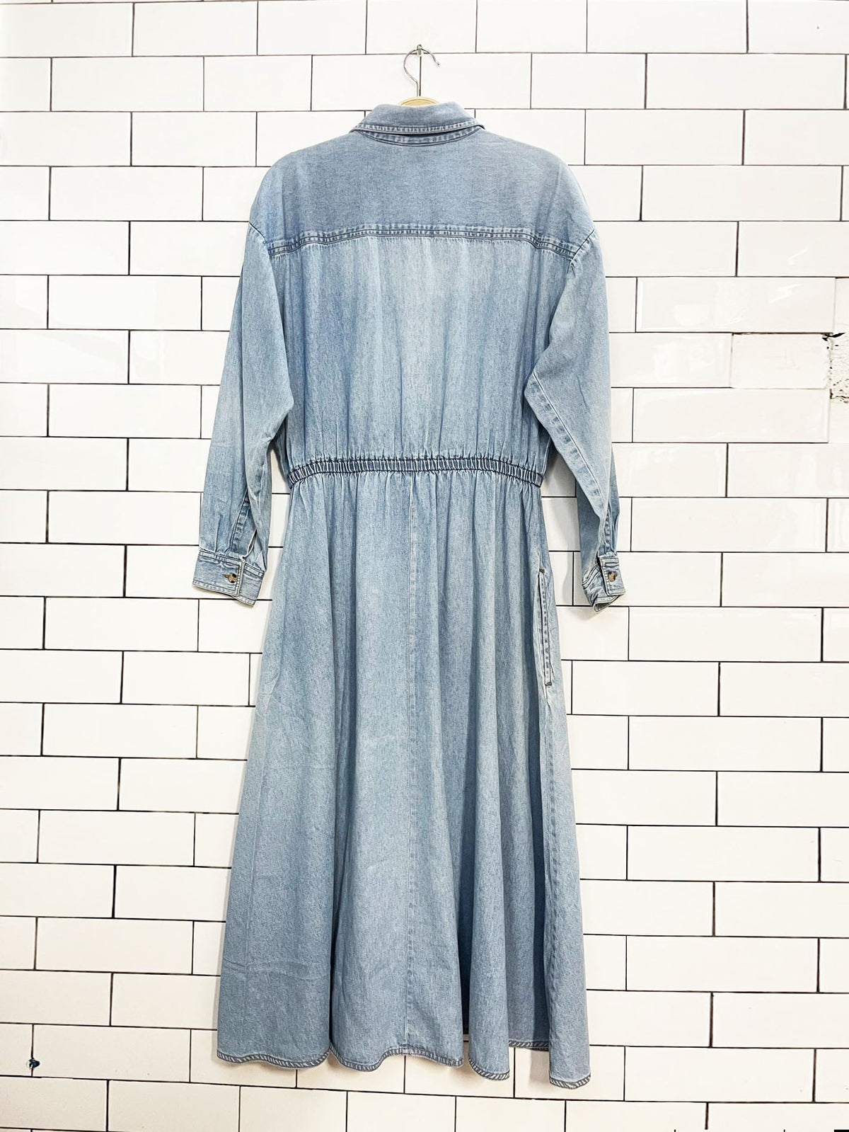 vintage spiegal soft denim full button cinch waist long sleeve maxi dress