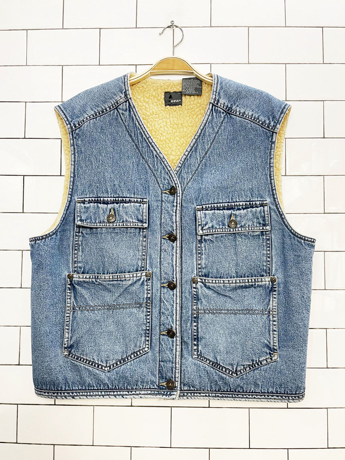 vintage 90s lizwear sherpa lined denim vest | liz claiborne