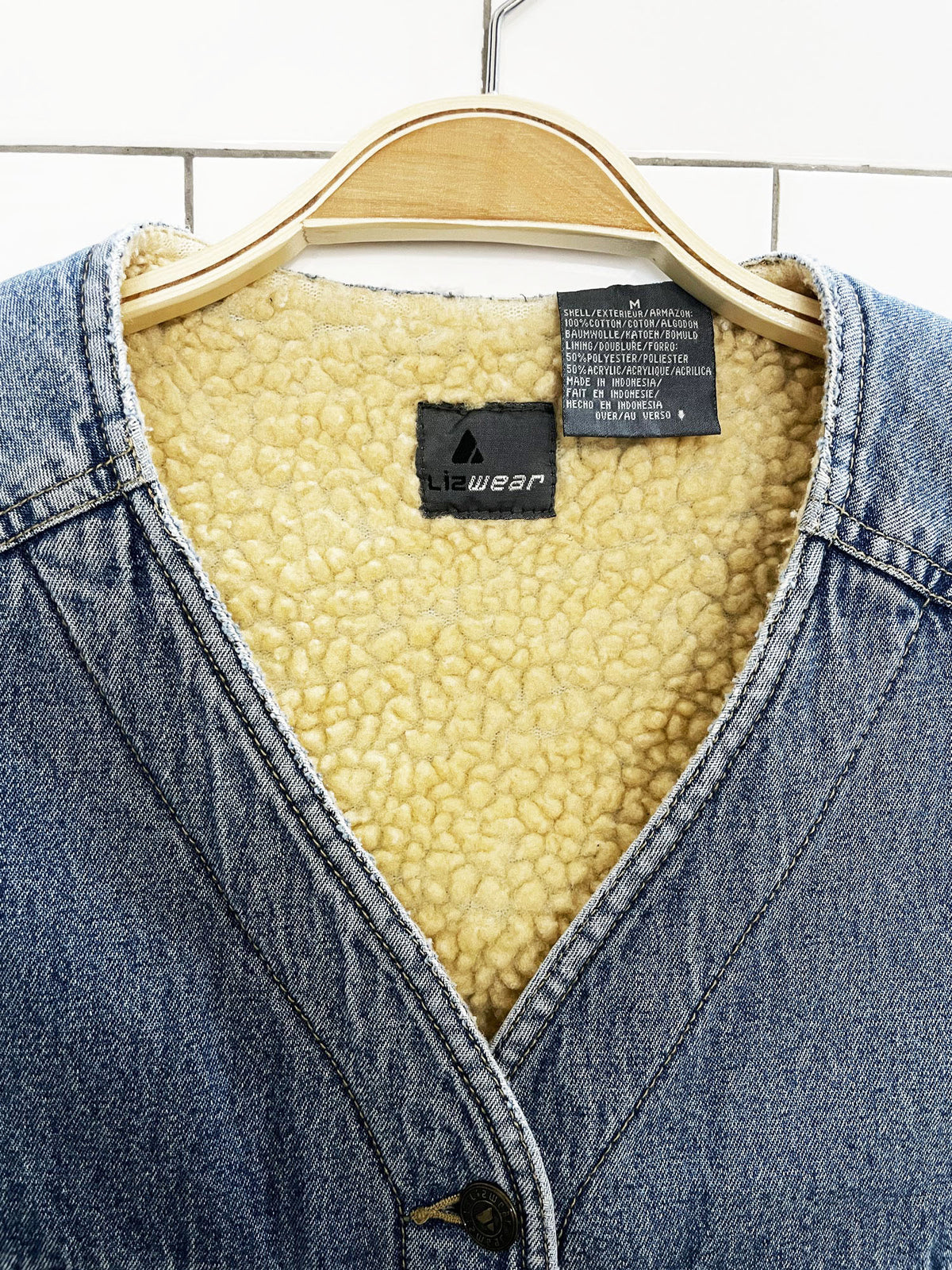 vintage 90s lizwear sherpa lined denim vest | liz claiborne