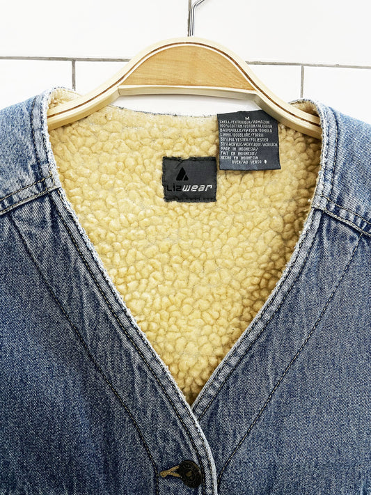 vintage 90s lizwear sherpa lined denim vest | liz claiborne