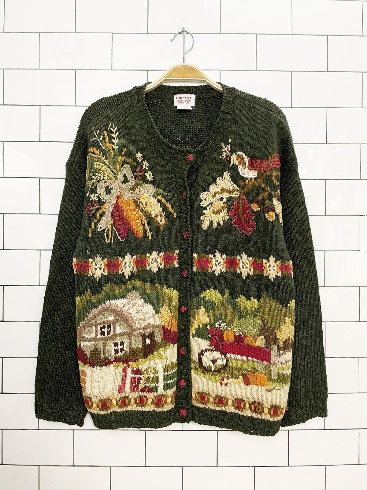 vintage fun-art ramie-blend hand knit autumn cardigan sweater
