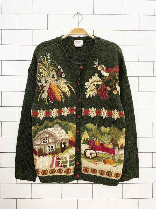 vintage fun-art ramie-blend hand knit autumn cardigan sweater