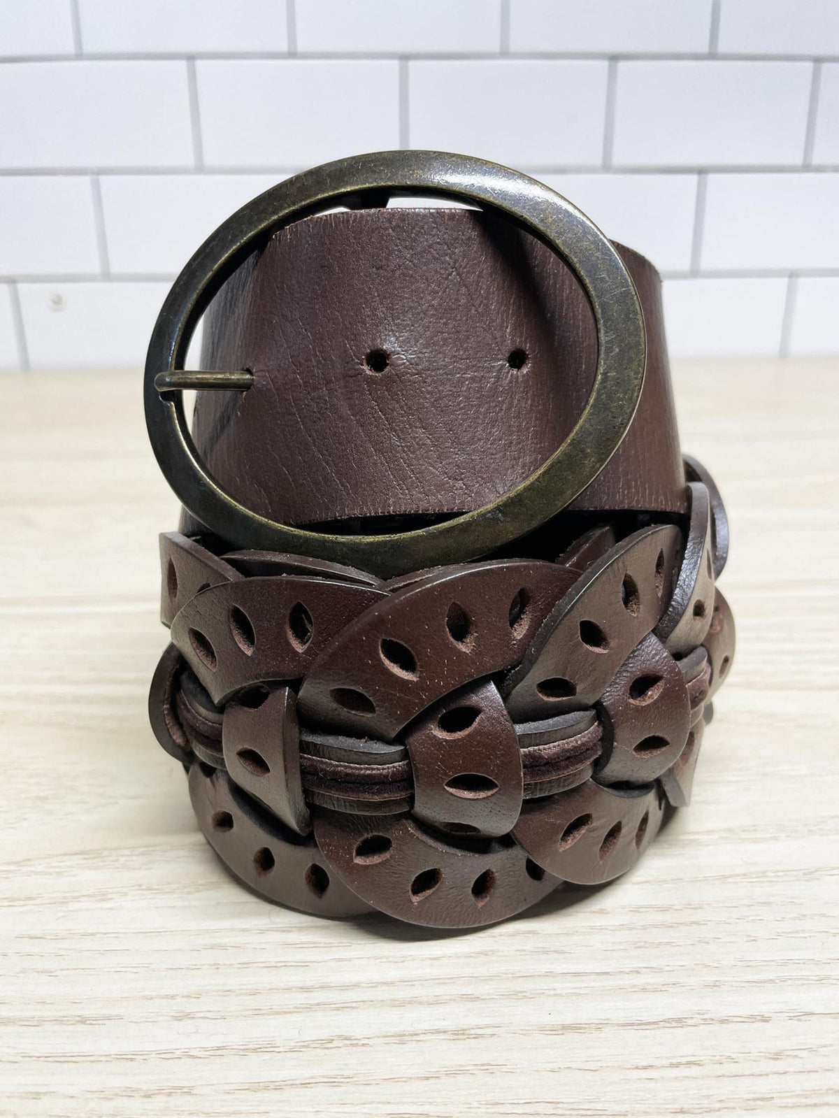 y2k old navy leather braided big buckle belt