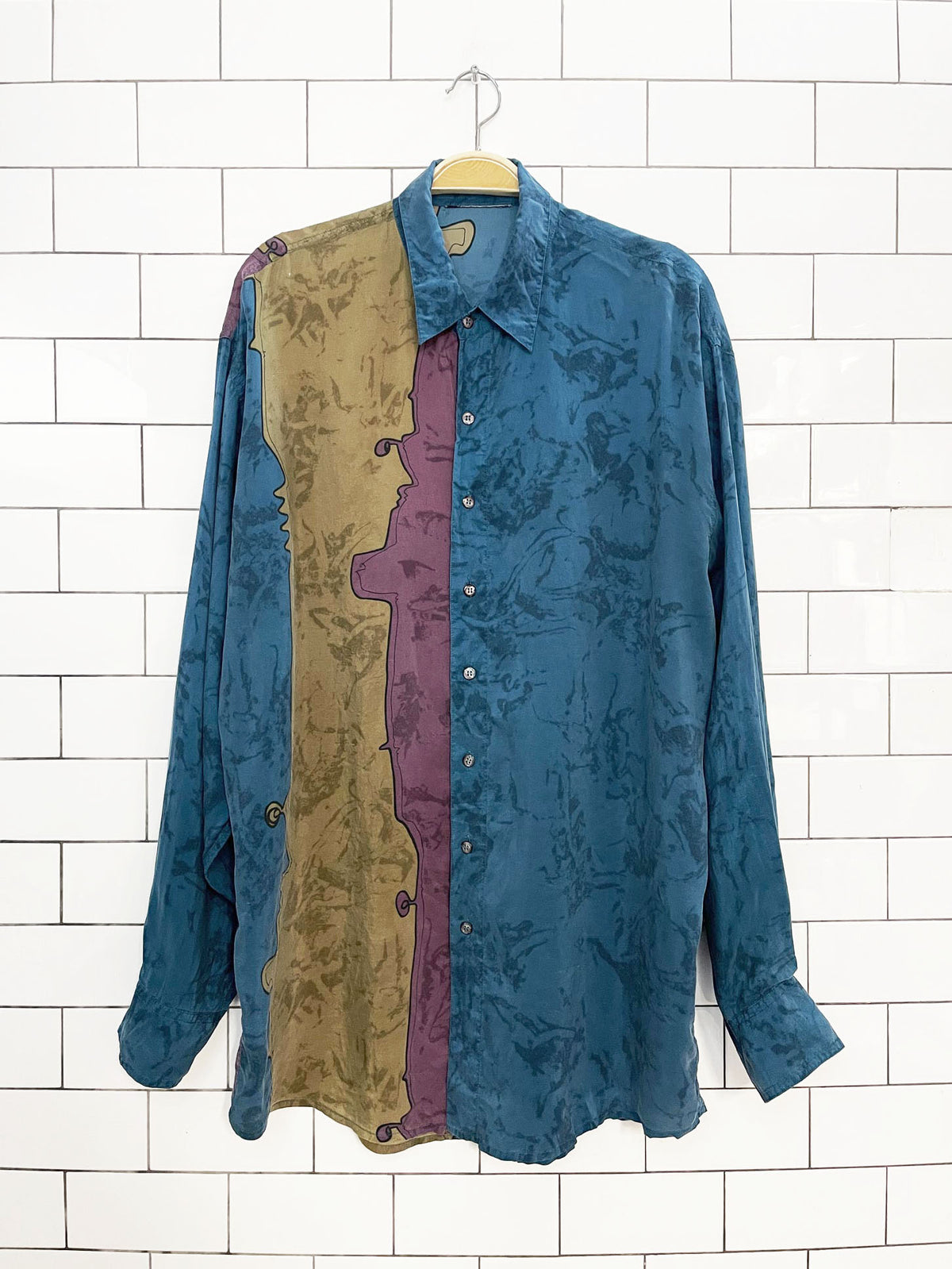 vintage 100% silk abstract face art full button shirt