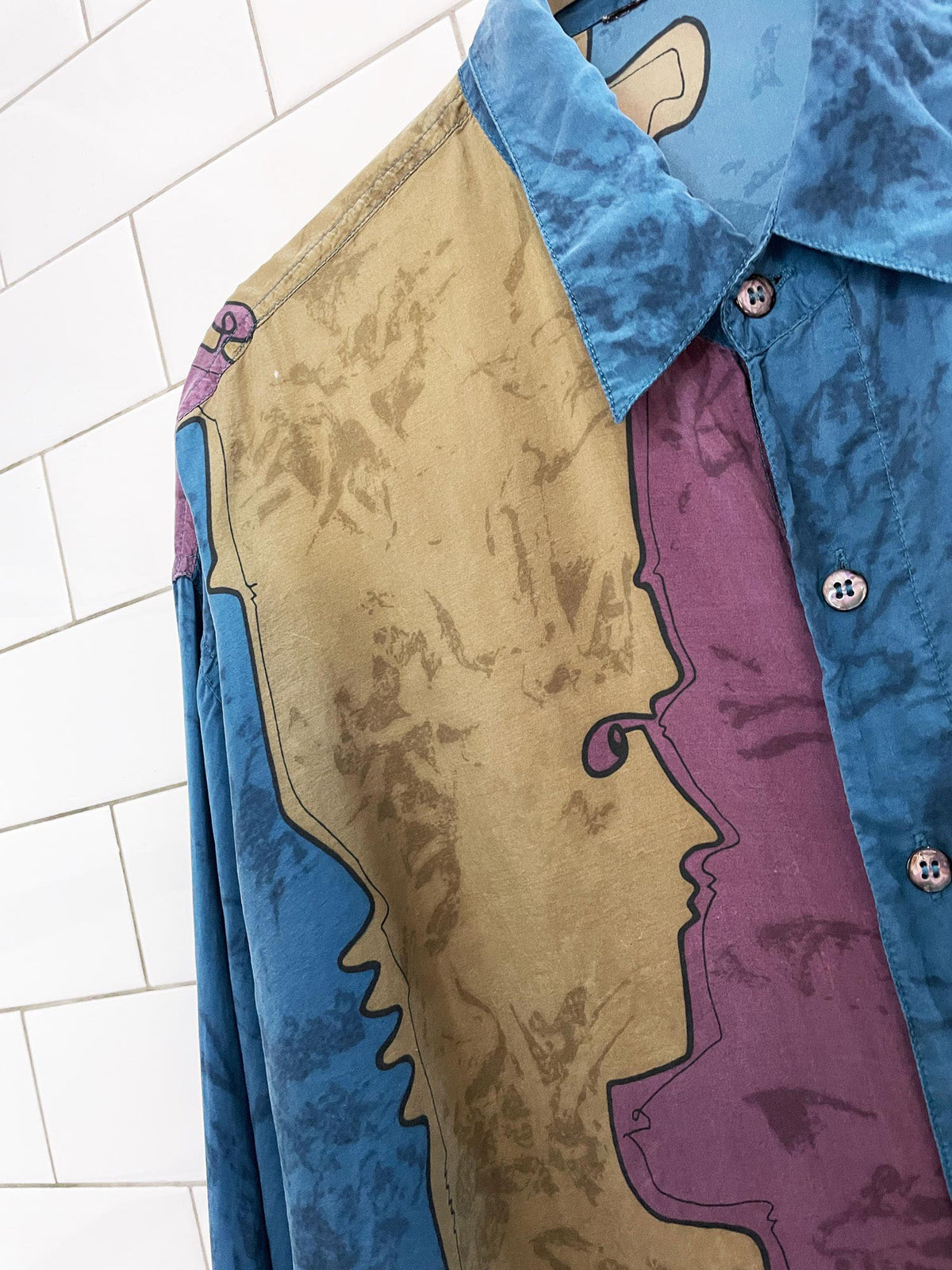 vintage 100% silk abstract face art full button shirt