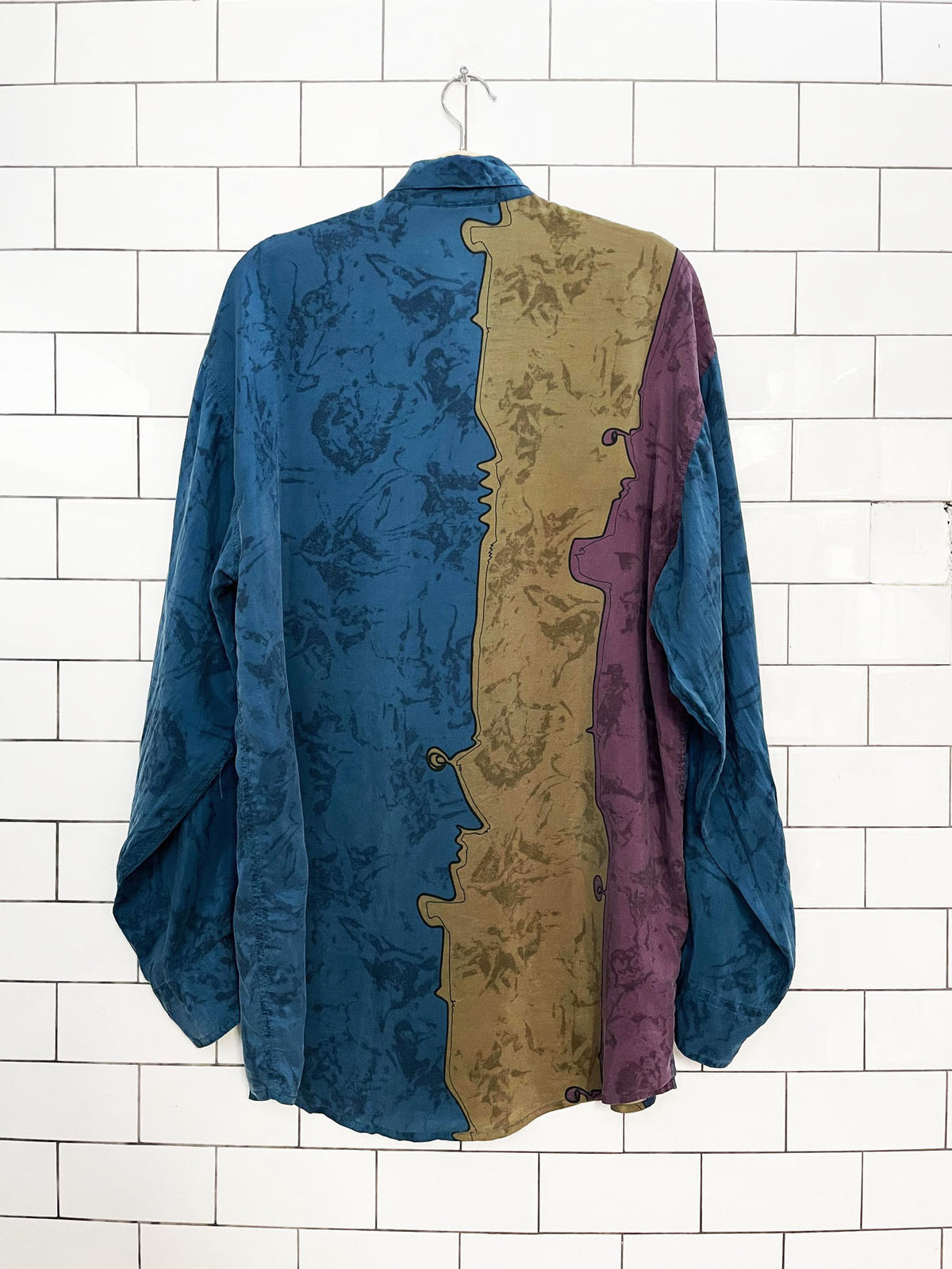 vintage 100% silk abstract face art full button shirt