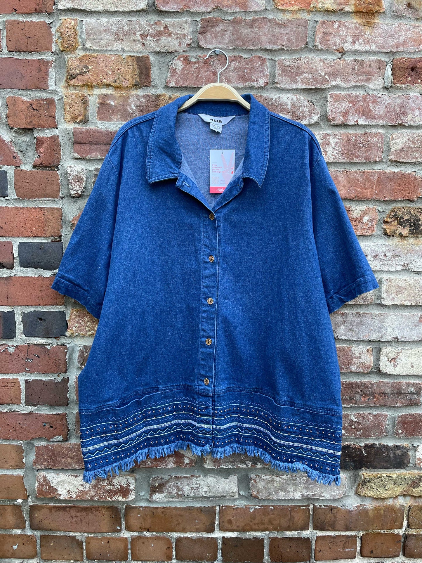alia embroidered fringe trim ss denim shirt