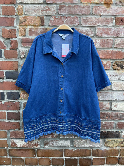 alia embroidered fringe trim ss denim shirt