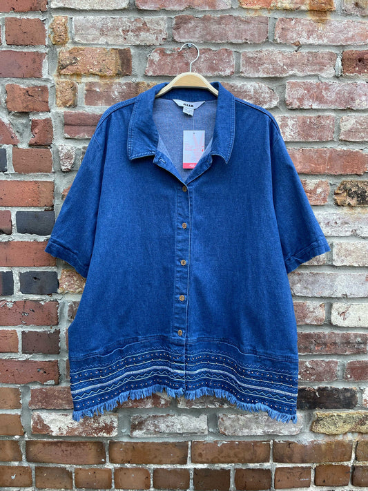 alia embroidered fringe trim ss denim shirt