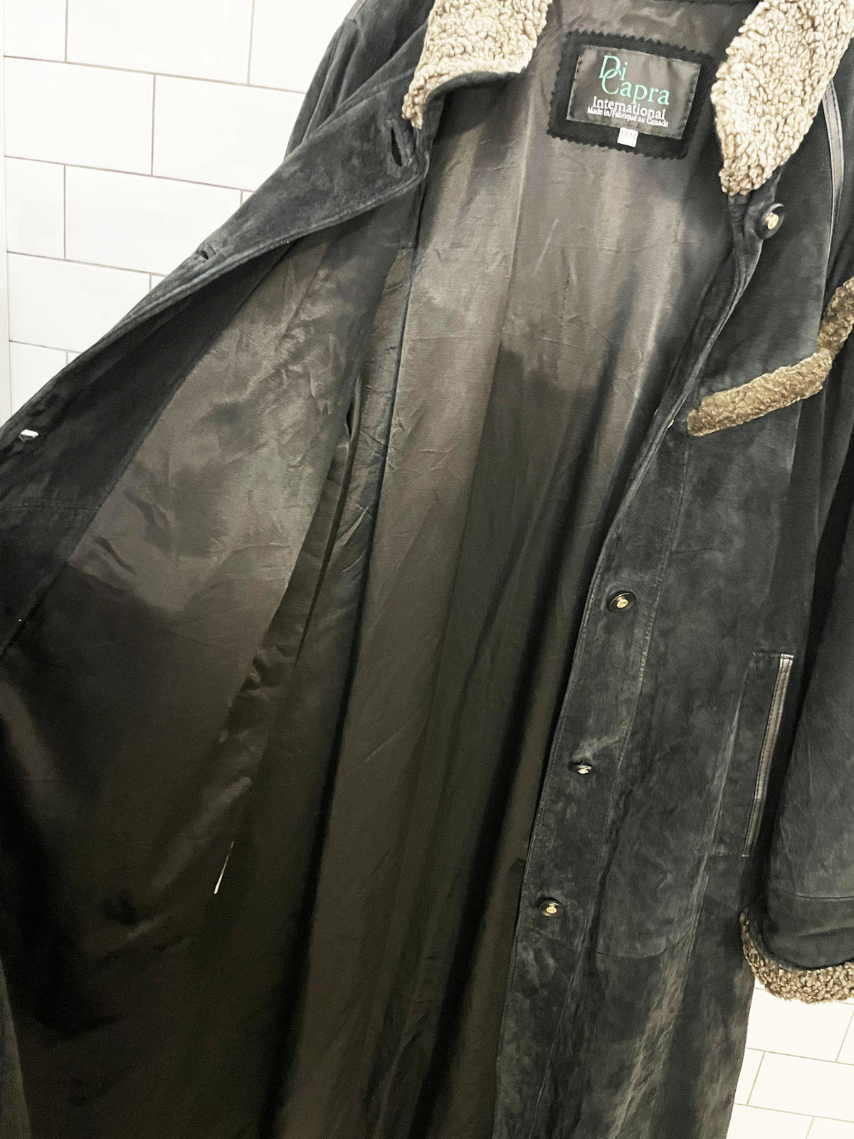 vintage di capra soft suede shearling trim long jacket | made in canada