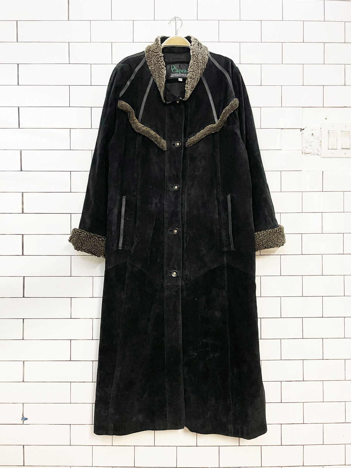 vintage di capra soft suede shearling trim long jacket | made in canada