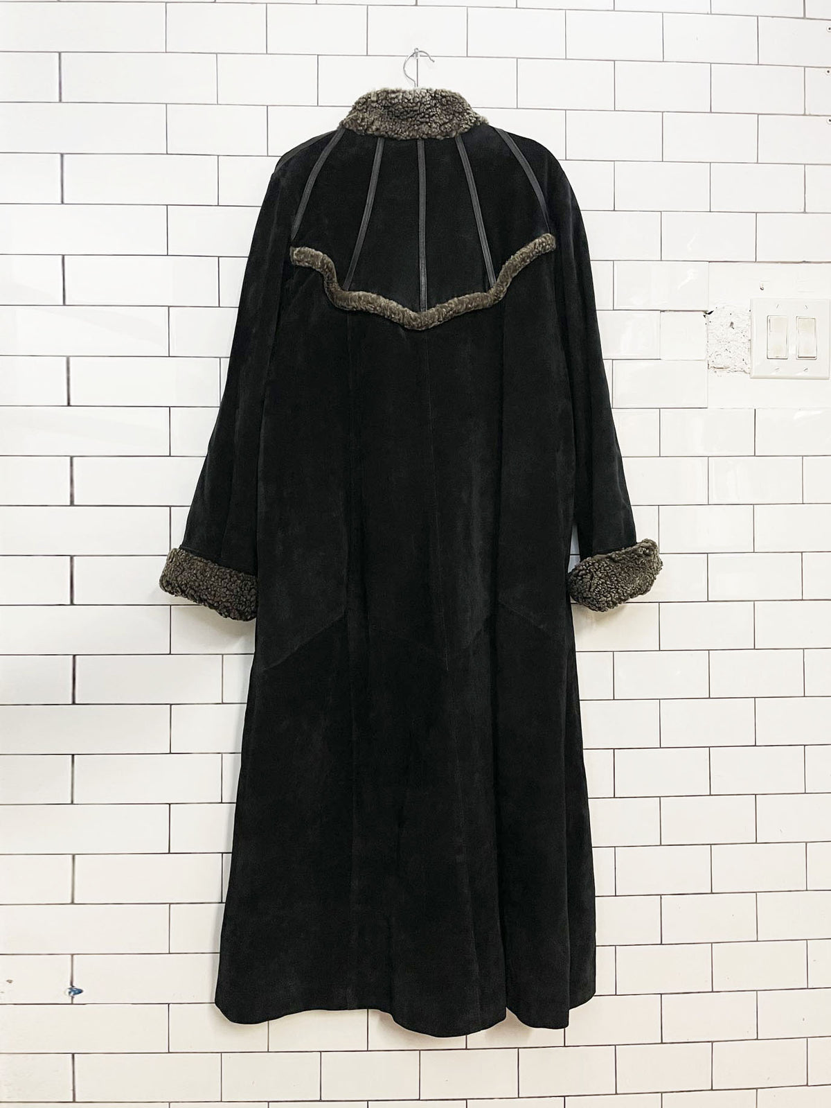 vintage di capra soft suede shearling trim long jacket | made in canada